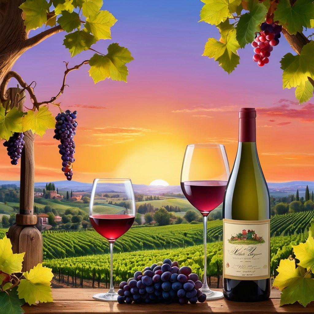 A rich vineyard landscape at sunset with lush grapevines, transitioning into an illustrated wine bottle pouring into a glass, surrounded by whimsical hand-drawn elements like grape clusters and wine glasses, blending the natural and illustrated worlds. The scene invites viewers to feel the story behind each sip through color and creativity. vibrant colors. illustration. whimsical art.
