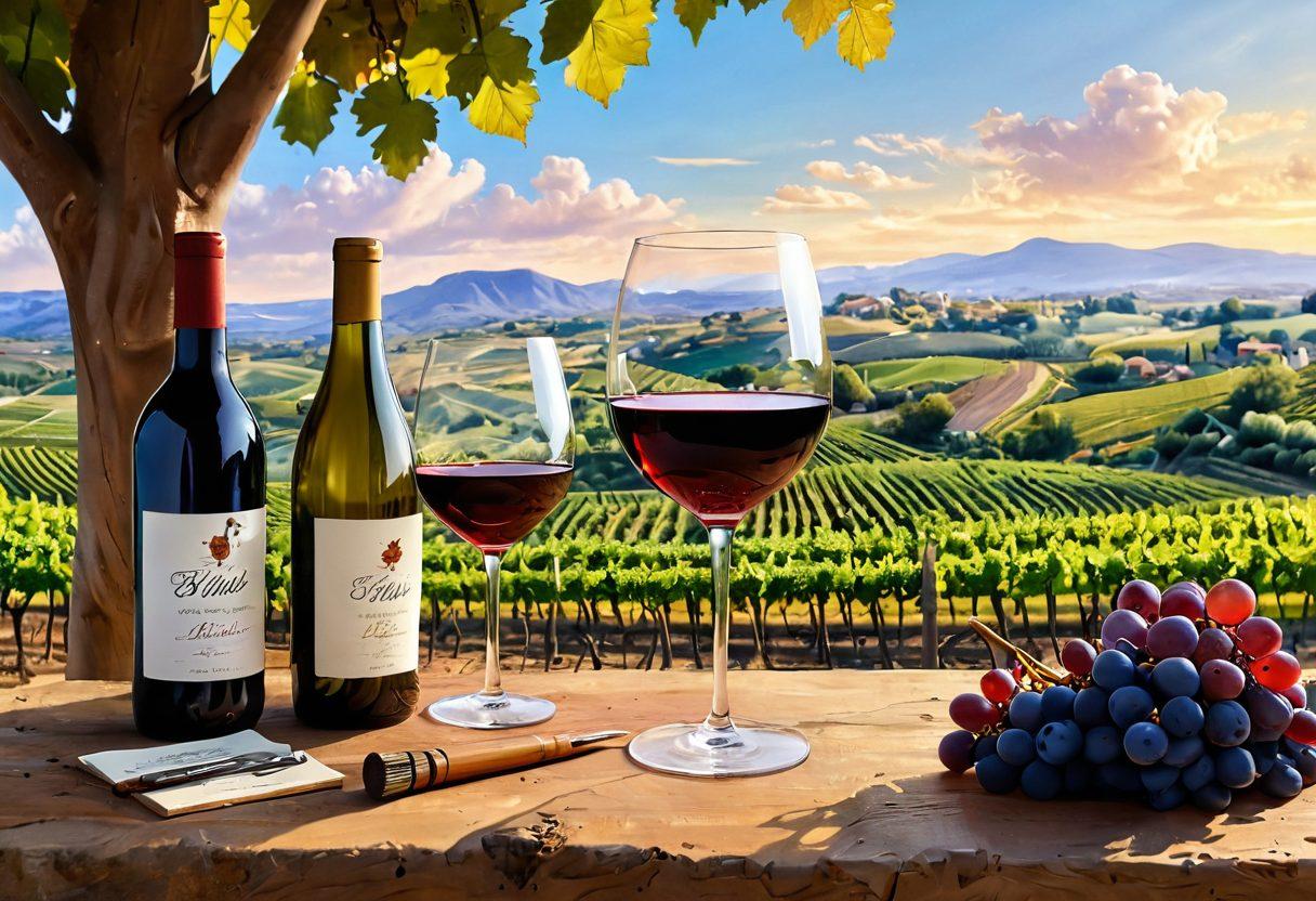 A whimsical illustration featuring a flowing glass of wine that transforms into vibrant, swirling stories and scenes — characters come to life amidst grapes and vineyards. Include artistic tools like paintbrushes and palettes integrated into the design, suggesting creativity and storytelling allure. The background should have soft, warm tones to evoke a cozy atmosphere. 3D elements interspersed with hand-drawn illustrations. vibrant colors. layered textures.