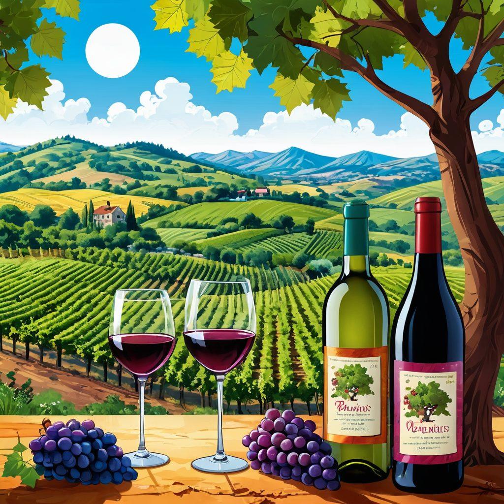 A whimsical illustration showcasing a whimsical vineyard intertwined with comic book panels, featuring vibrant grapes and bottles of wine. In one panel, a wine glass transforms into a superhero, sparkling with storytelling magic. The background depicts rolling hills with colorful cartoon trees, creating a playful atmosphere. Include speech bubbles with humorous wine-related quotes for a light-hearted feel. vibrant colors. comic art style.